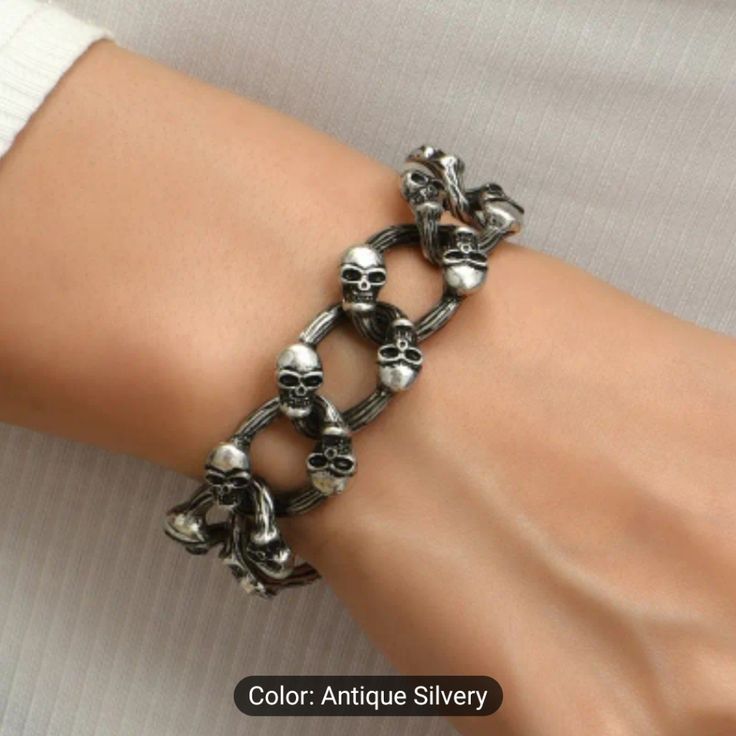 Silver Color Gothic Style Skull Bracelet Hand Decoration Accessories Gift Halloween Party Favors. Unique Skull Design Adds A Touch Of Edginess To Any Outfit. Made With High-Quality Material Silver Color Material For Durability And Long-Lasting Wear. It's A Little Bit Heavyweight, Is Matel Material. Silver Skull Print Bracelets As A Gift, Gothic Skull Print Bracelets As Gift, Halloween Skull Bracelets With Skull Print, Halloween Skull Print Bracelet Gift, Edgy Bracelets For Halloween Gift, Halloween Punk Skull Bracelets, Casual Skull Jewelry For Halloween, Casual Halloween Skull Jewelry, Silver Grunge Bracelets For Festival