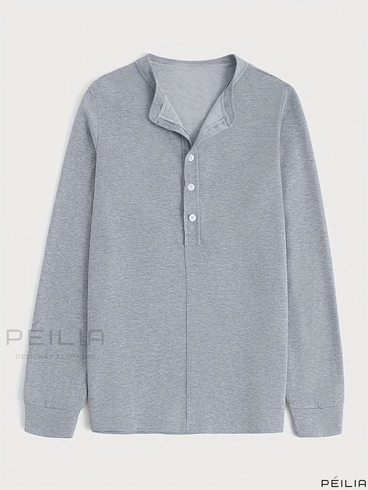 Peilia - Womens Casual Solid Long Sleeve Blouse with Button Front Detail Henley Neckline Workwear Top With Buttons, Gray Collared Top With Buttons, Gray Long Sleeve Tops With Buttons, Classic Henley Neckline Top With Buttons, Gray Long Sleeve Tops With Button Closure, Loungewear Collared Tops With Button Cuffs, Collared Tops With Button Cuffs For Loungewear, Solid Color Tops With Button Closure For Loungewear, Tops With Button Closure For Loungewear