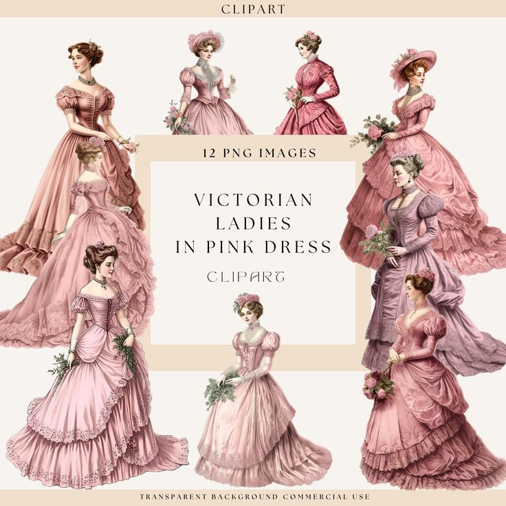 Victorian Era Dresses, Dress Clipart, Pink Victorian, Clipart Vintage, Victorian Ladies, Vintage Lady, Wedding Clipart, Victorian Lady, Dress Drawing