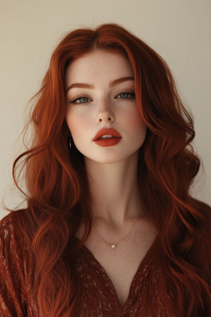 Woman with long red hair, freckles, and red lipstick wearing a brown top and gold necklace. Red On Top Of Brown Hair, Auburn Hair Makeup Looks, Red Hair With Dark Red Highlights, Natural Red Hair Dark, Medium Red Hair Color, Makeup For Auburn Hair, Rich Red Hair Color, Bright Auburn Hair, Warm Red Hair Color