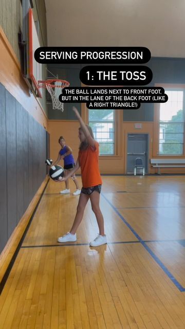 two girls are playing basketball in an indoor gym with the text serving progression 1 the toss