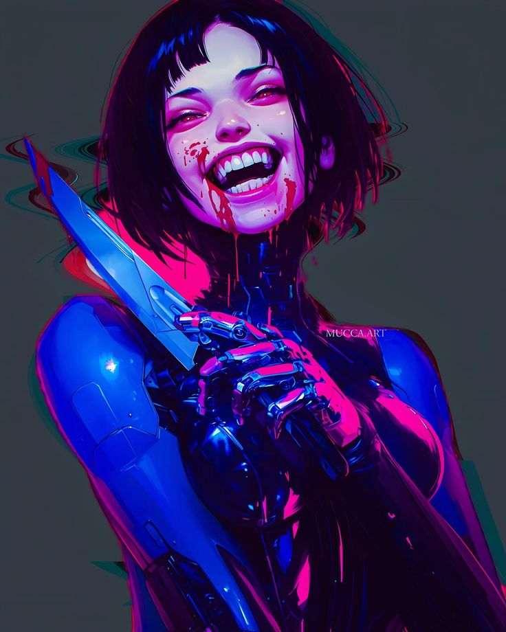 a woman with blood on her face holding a knife and wearing blue latex suit