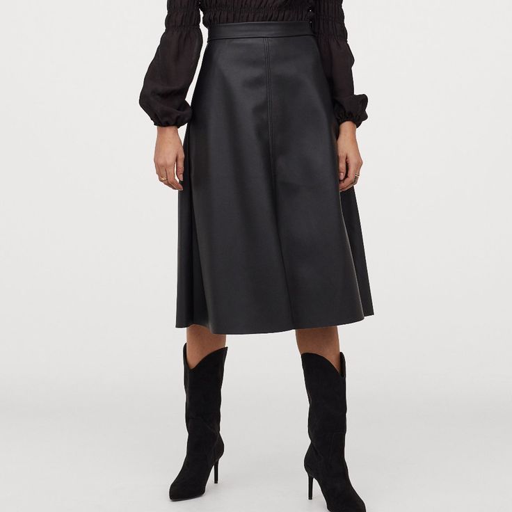 H&M Faux Leather Midi Skirt Size: 2 *Xs Listed For Exposure. Flared, Calf-Length Skirt In Faux Leather High Waist Concealed Side Zip With Snap Fasteners Visible Seams Front And Back Unlined Shell: Polyester 100% Coating: Polyurethane 100% Approximate Measurements: Waist: 12.5” Length: 29.5” Flared Skirt For Formal Fall Occasions, Formal Flared Skirt For Fall, Spring Leather Pencil Skirt For Party, Fall Party Midi Pencil Skirt, Evening Fall Pencil Skirt, Relaxed Fit Pencil Skirt For Fall Parties, Relaxed Knee-length Leather Skirt, Relaxed Pencil Skirt For Fall Party, Knee-length Faux Leather Skirt For Night Out