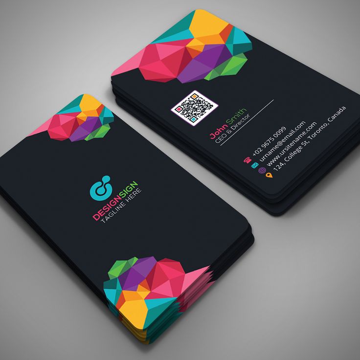 two business cards with colorful shapes on them