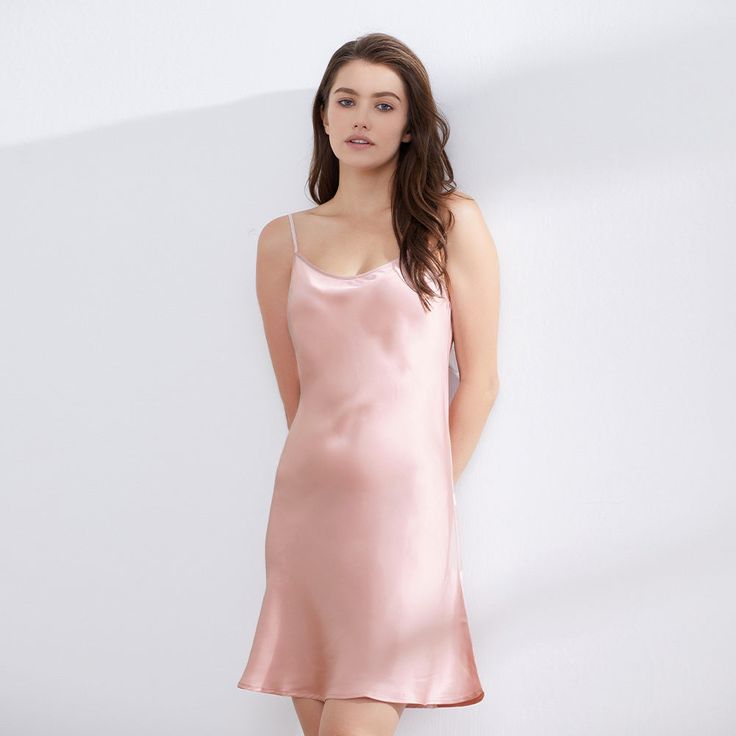 Charming Pink Elegant Pink Slip Dress For Daywear, Plain Pink Summer Dress, Chic Pink Cami Dress, Casual Plain Pink Dress, Feminine Pink Sleeveless Slip Dress, Feminine Sleeveless Pink Slip Dress, Feminine Sleeveless Slip Dress In Pink, Elegant Pink Sleep Dress, Feminine Solid Color Summer Sleepwear