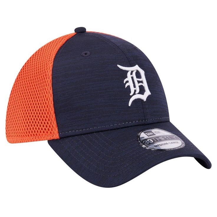 Wear your favorite team's colors boldly with this Detroit Tigers Neo 39THIRTY hat. Its two-tone design by New Era features the Detroit Tigers logo in raised embroidery on a subtle pattern and the cool, breezy feel of mesh panels. With a flexfit headband to stretch for just the right fit, this hat is the perfect finishing touch to any outfit. Mid Crown Structured fit Stretch fit Embroidered graphics with raised details Wipe clean with a damp cloth Brand: New Era Four mesh mid and rear panels Curv Curved Visor Hats For Sports Fans, Collegiate Navy Hat For Baseball Season, Navy Collegiate Hat For Baseball Season, Curved Bill Hat With Team Logo For Sports Event, Sporty Team-colored Baseball Cap With Curved Brim, Navy Curved Brim Hat For Game Day, Sporty Curved Brim Trucker Hat For Fan Gear, Sporty Curved Bill Fan Gear Hat, Team-colored Curved Brim Hat With Team Logo