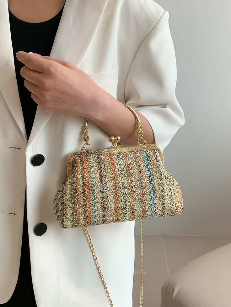 Multicolor  Collar  Paper Colorblock Straw Bag Embellished   Women Bags Beach Travel Essentials, Colorful Boho Fashion, Boho Style Bag, Beach Trips, Frame Bag, Phone Pouch, Women Handbag, Casual Tote, Crochet Bags