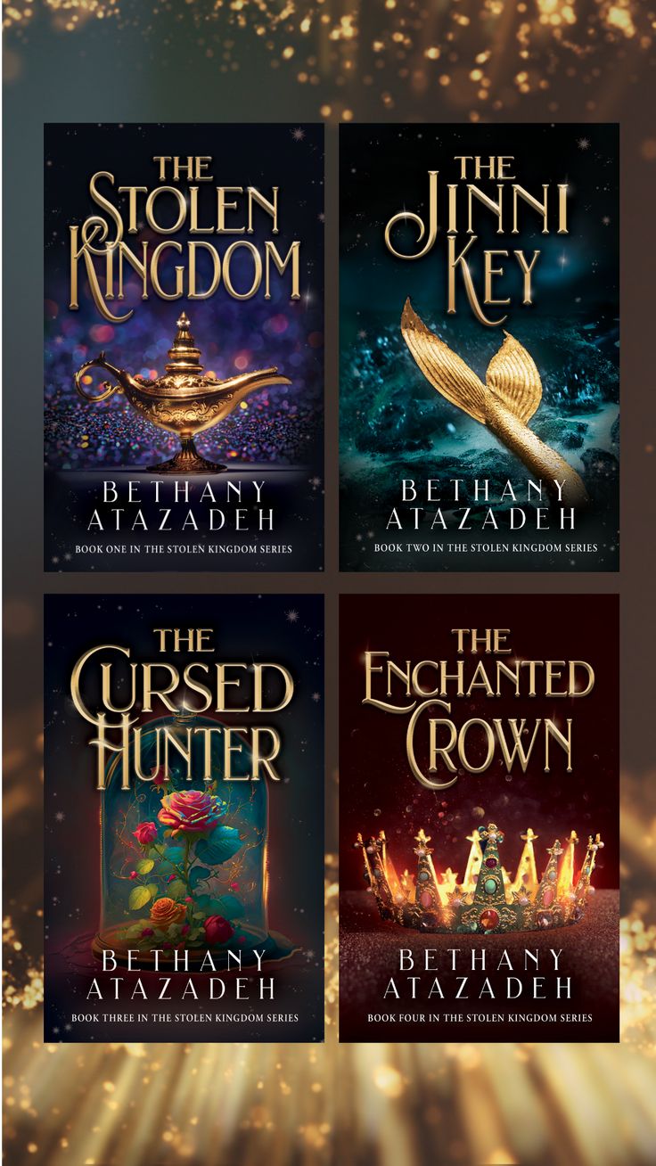 four books on the cover of three different novels, with gold and blue lights in the background