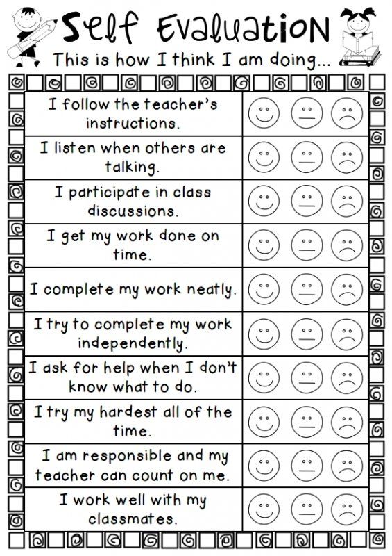 the worksheet for self evaluation with smiley faces and words in black and white