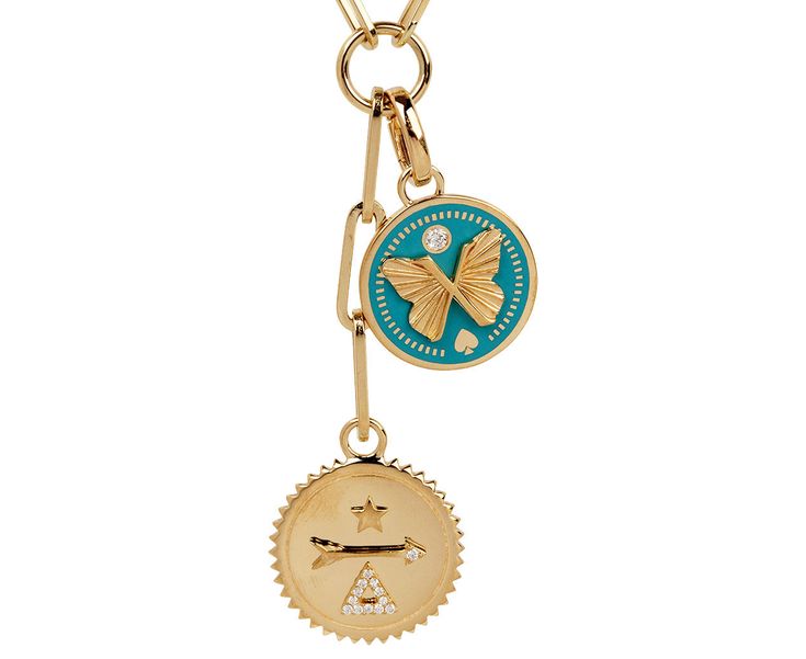 Solid and substantial, this Foundrae necklace will become your everyday talisman. Hanging from the 18K yellow gold refined clip extension at the base of the 18K yellow gold classic fob clip chain is a round, 18K yellow gold and diamond medallion. A turquoise ceramic butterfly pendant connects to the belcher chain with a removable 18K yellow gold push gate annex link. With its bold, emblematic presence, it's a perfect necklace to wear every single day. The star represents energy and divine guidan Luxury Butterfly Charm Pendant Jewelry, Luxury Jewelry With Butterfly Charm Pendant, Luxury Jewelry Pendant With Butterfly Charm, Luxury Pendant Jewelry With Butterfly Charm, Luxury Yellow Gold Butterfly Charm Jewelry, Luxury Yellow Gold Jewelry With Butterfly Charm, Yellow Gold Medallion Charm Necklace, Yellow Gold Coin Pendant Dangle Jewelry, Yellow Gold Dangle Coin Pendant Jewelry