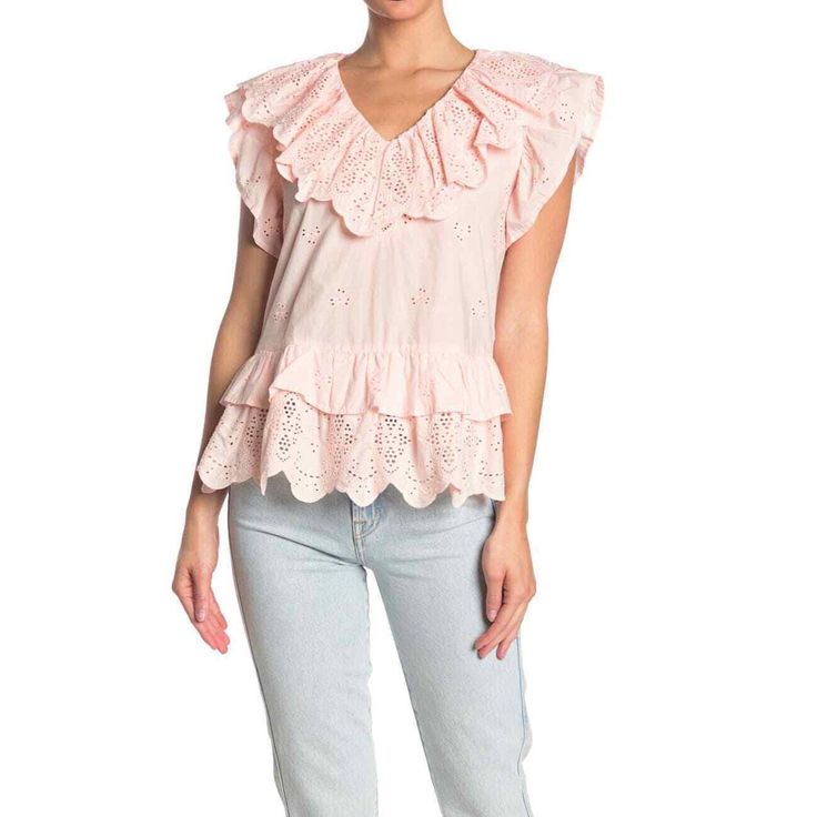 Flirty Ruffles Trim This Fresh Eyelet Blouse That Is Sure To Get Compliments Everywhere. Fit: This Style Fits True To Size. Fiber Content100% Cottonmaterials100% Cottoncaredry Clean Onlyadditional Info- V-Neck - Short Flutter Sleeves - Slips On Over Head - Eyelet Construction - Ruffle Trim - Approx. 26" Length - Imported Feminine V-neck Top With Ruffle Hem, Spring V-neck Peplum Top With Ruffle Hem, Spring Ruffle Blouse With Flutter Sleeves, Feminine Ruffle Hem Tops For Day Out, Spring Brunch Tops With Ruffled Collar, Spring Brunch Tops With Ruffles, Spring Ruffled Collar Top For Brunch, Spring Ruffled Tops For Brunch, Feminine Ruffled Tops For Day Out