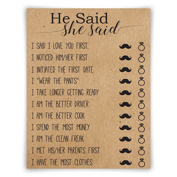 a brown cardboard card with the words he said she said and mustaches on it