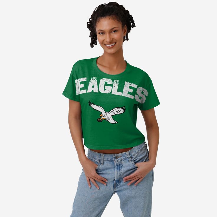 Philadelphia Eagles Kelly Green Womens Petite Distressed Wordmark Crop Top FOCO XS - FOCO.com Philly Fashion, Eagles Kelly Green, Eagles Fans, Logo Display, Team Name, The Cream, National Football League, Philadelphia Eagles, Football League