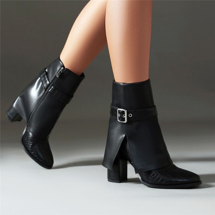 Crocodile Effect Fold Over Buckle Boots Chunky Heel Ankle Boots Shoes | Up2Step Faux Leather Heeled Boots With Buckle And Pointed Toe, Winter Heeled Boots With Buckle Closure And Pointed Toe, Faux Leather Boots With Ankle Strap For Fall, Faux Leather Pointed Toe Heeled Boots With Buckle, Ankle-high Faux Leather Heeled Boots With Stacked Heel, Crocodile Black Boots, Black Ankle-high Boots With Reinforced Heel, Black Ankle-high Heeled Boots With Reinforced Heel, Luxury Black Mid-calf Boots With Block Heel