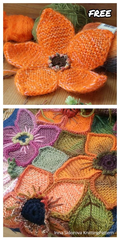 two pictures showing the process of crocheting an orange flower