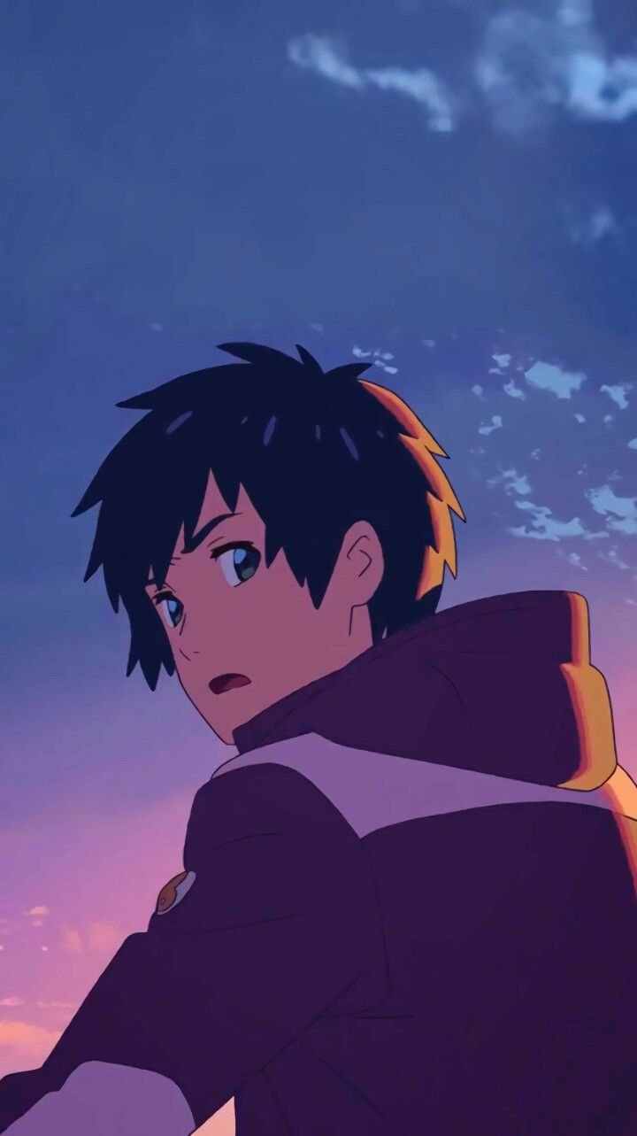 an anime character with black hair and blue eyes standing in front of a purple sky