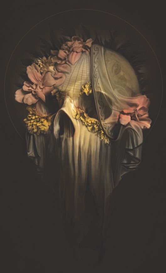 a painting of a skull with flowers on it's head in the middle of a black background