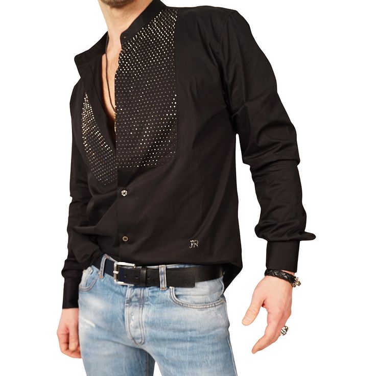 John Richmond has impressed the world with his unique designs and attention to quality and fit. Crafted from cotton, this style features a pave crystal embellishment on the bib designed shirt. The mandarin collar works well on its own or under a cool jacket, Our stylist loves it under a black blazer or roll up the sleeves with jeans for a striking look. Made in Italy. 97% Cotton 3% Elastane Runs true to size. Embellished Shirt, John Richmond, Club Wear, Cool Jackets, Great T Shirts, Crystal Embellishment, Black Blazer, Party Shirts, Mandarin Collar