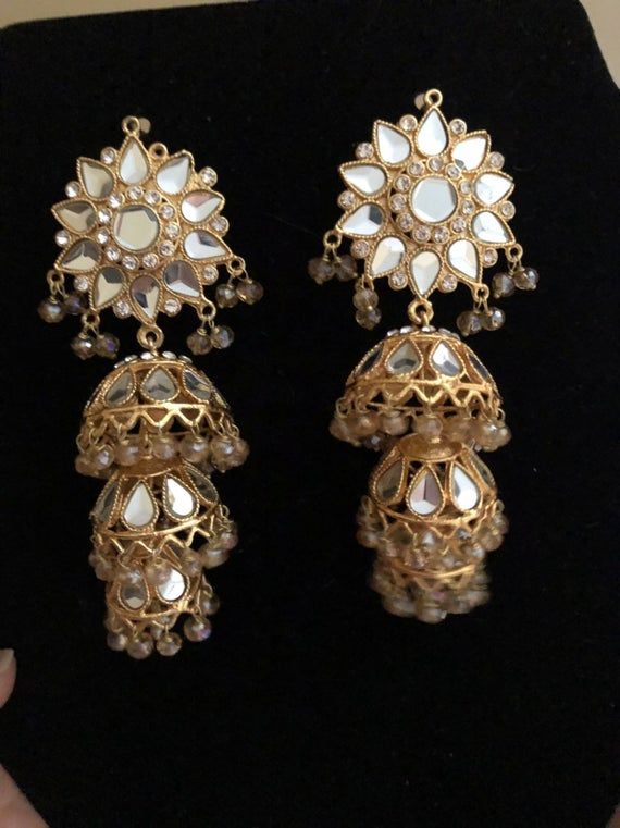 Elegant Festive Jhumkas With Mirror Work, Elegant Wedding Danglers With Gota Work, Heavy Round Kundan Necklace For Party, Elegant Kundan Jhumkas With Gota Work, Eid Chandbali Bridal Earrings With Mirror Work, Elegant Jhumkas With Mirror Work For Diwali, Eid Bridal Chandbali Earrings With Mirror Work, Elegant Festive Jhumkas With Gota Work, Elegant Chandbali Jhumkas With Gota Work