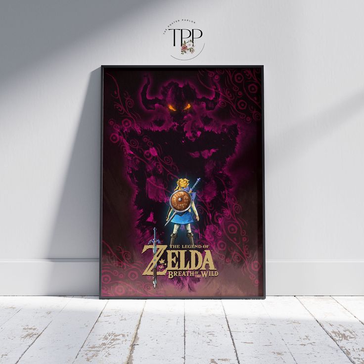 the legend of zelda poster is displayed in front of a white wall and floor