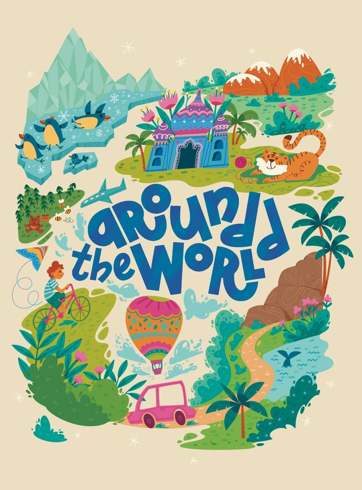 an illustrated poster with the words around the world