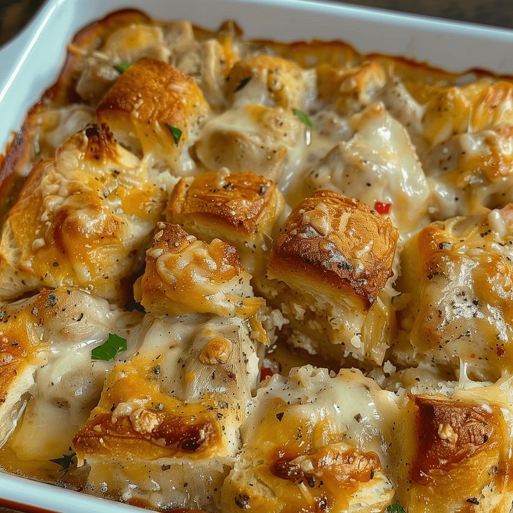 a casserole dish with cheese and meat in it