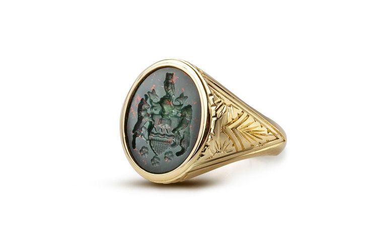 Bloodstone Signet Ring that can be personalized with your desired Family Crest design. 📩 Leave us a message with your custom personalization, your family crest, coat of arms, logo or any design imagined. If you would like a different gemstone instead, please contact us. Gemstone Signet Ring - Coat of Arms Ring - Intaglio Ring - Wax Seal Ring - Gold Signet Ring - Danelian Jewelry Workshop Size of Gemstone: 1.5 x 1.3cm Your custom signet ring can be made out of Sterling Silver 925, 9K Solid Gold, Symbolic Carved Jewelry For Formal Occasions, Classic Ceremonial Engraved Intaglio Ring, Symbolic Carved Round Ring, Symbolic Intaglio Engraved Ring, Symbolic Carved Ring, Heirloom Carved Engraved Ring For Collectors, Classic Ceremonial Signet Ring With Intaglio, Symbolic Etched Oval Signet Ring, Symbolic Oval Etched Signet Ring