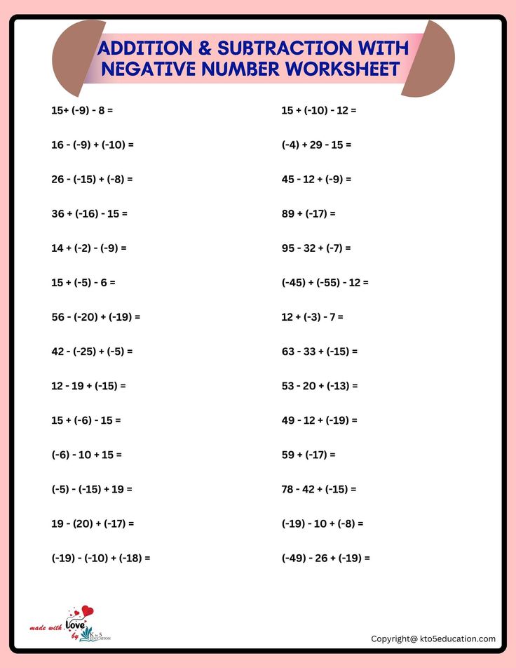 addition and subtraction with negative number worksheet for students to practice numbers