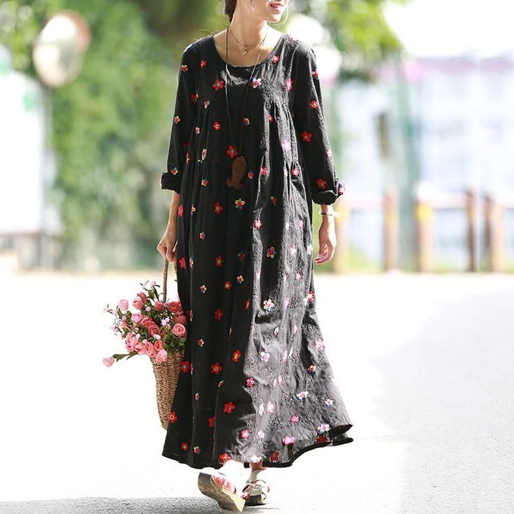 Women A-Line Floral Gathered Cotton Long Sleeve Dress 2019 Jun New One Size Black Casual Black Long Sleeve Maxi Dress, Black Long Sleeve Maxi Dress For Summer, Long Black Cotton Dress, Black Cotton Midi Dress For Fall, Spring Black Cotton Midi Dress, Casual Black Spring Dresses, Black Cotton Midi Dress For Spring, Casual Black Maxi Dress For Spring, Black Cotton Maxi Dress For Fall