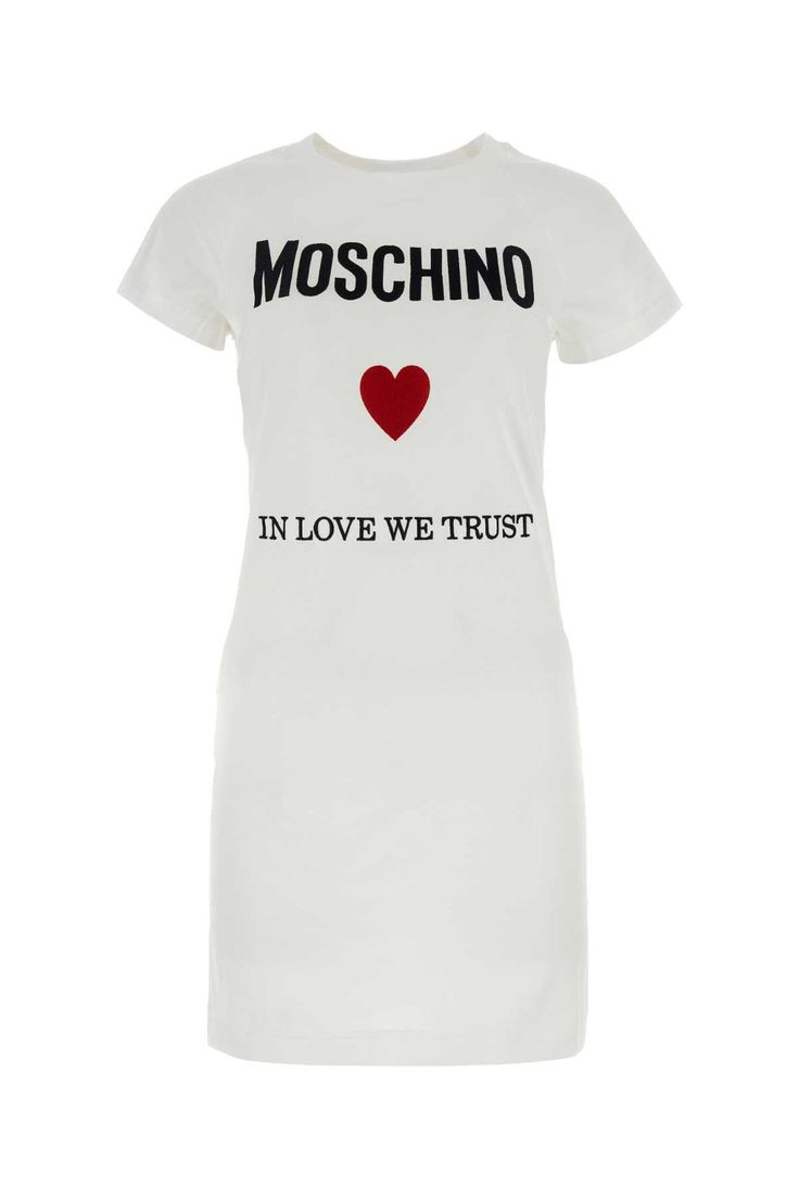 White Cotton T-shirt Dress Mini Dresses White, Franco Moschino, Moschino Dress, Moschino Logo, Versace Shop, White Cotton Dress, White Dresses For Women, White Dresses, White Shirt Dress