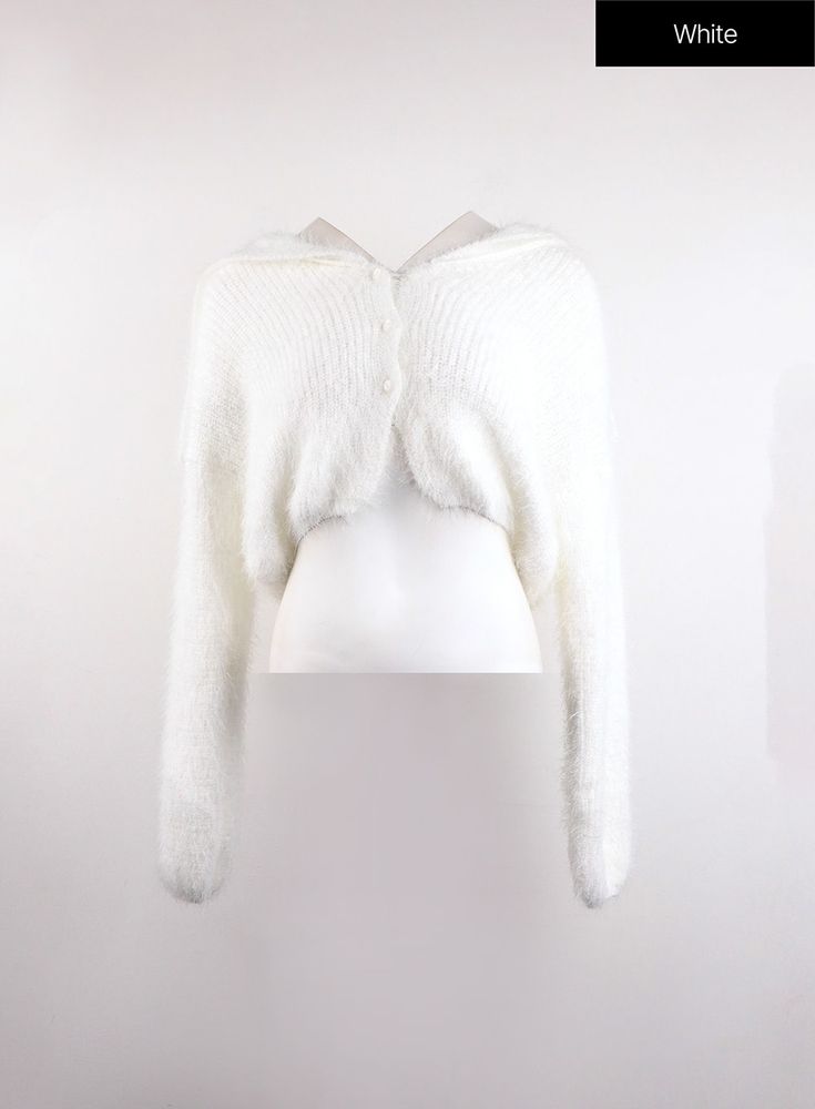 White / S/M Trendy Long Sleeve Cropped Sweater For Spring, White Long Sleeve Crop Top For Winter, Chic Long Sleeve Cropped Sweater, Spring Cropped Soft Knit Fitted Sweater, Trendy Long Sleeve Cropped Sweater In Soft Knit, Trendy Cropped Spring Shrug, Trendy Cropped Shrug For Spring, Winter Cropped Sweater With Button Closure, White Cropped Crop Top For Fall