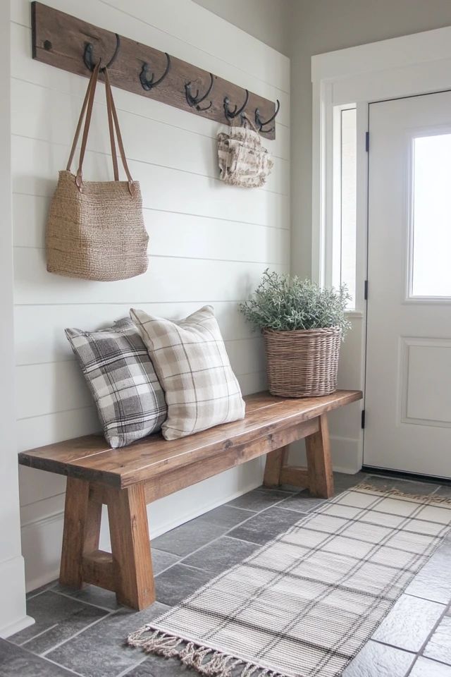 a wooden bench sitting in front of a door with two baskets hanging on the wall