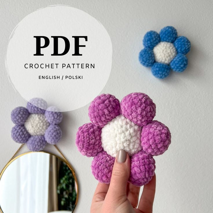 crochet flower brooch pattern in english and polish with text overlay that reads, pddf crochet pattern