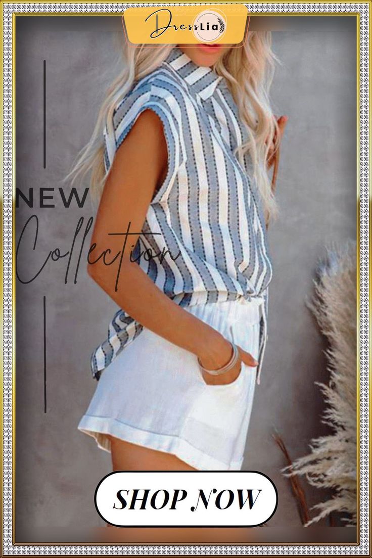 Button Down Collar Cap Sleeve Blouse Shirt Casual White Blouse With Buttons, Casual Buttoned Tops For Beach, Summer Casual Tops With Buttons, Striped Summer Shirt With Buttons, Chic Button-up Tops For Vacation, Trendy Buttoned Blouse For Vacation, Summer Button-up Blouse With Button Closure, Summer Button-up Tops With Button Closure, Trendy Vacation Blouse With Buttons