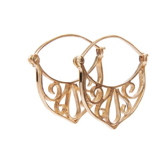 "Unique filigree solid gold hoop earrings in 14k yellow, white or rose gold, boho tribal jewelry. These tribal inspired gold hoop earrings are a unique fashion accessory that will transform your wardrobe from ordinary to extraordinary. These 14k earrings feature a lace design that has a special vintage vibe to it. They are elegantly but bold and will add a unique flair to any outfit. These gold earrings can be the perfect accessories for your wedding day, engagement party or honeymoon. Consider Traditional Yellow Gold Nickel-free Hoop Earrings, Small Filigree Hoop Earrings, Small Hoop Filigree Earrings As Gift, Yellow Gold Filigree Hoop Earrings In Brass, Small Filigree Hoop Earrings As Gift, Small Hoop Filigree Jewelry Gift, Ornate Yellow Gold Hoop Earrings, Rose Gold Boho, Silver Casting