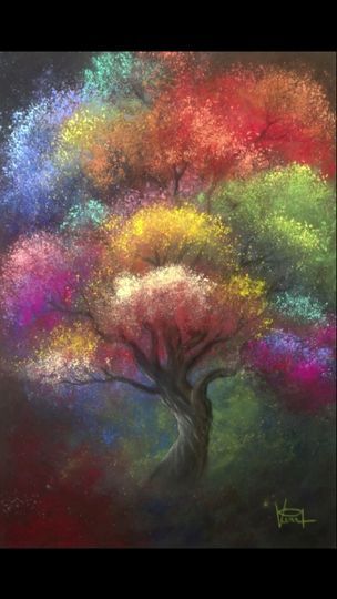 a painting of a tree with colorful leaves