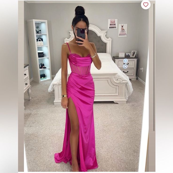 Pink Fitted Prom Dress, Fuschia Prom Dress, Prom Pink Dress, Pink Dress Elegant, Prom Dresses Pink, Corset Gown, Classy Prom, Prom Dress Inspo, Mesh Corset