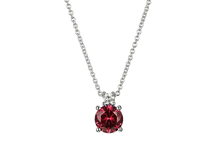 1.00ct Round Red Lab Created Ruby With 0.07ct Round White Lab Grown Diamond Rhodium Over Sterling Silver Necklace. Measures Approximately 18"L x 0.25"W. Spring Ring Clasp. 2" Extender. Ruby Silver Necklace, White Gold Ruby Necklaces With Brilliant Cut, White Gold Ruby Necklace With Brilliant Cut, Red Diamond Cut Necklace, Red Diamond Necklace With Brilliant Cut, Fine Jewelry Red Diamond Necklace With Brilliant Cut, Red Round Necklace With Brilliant Cut, Red Jewelry With Brilliant Cut Round Stone, Red Round Necklaces With Brilliant Cut