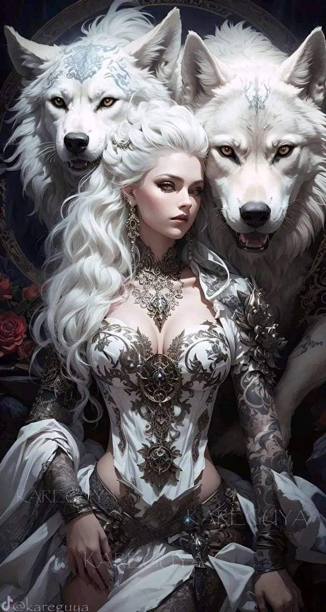 a woman with white hair and two wolfs on her chest, sitting next to each other