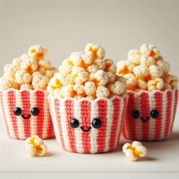 three small red and white striped popcorn cups with eyes on them, one is filled with popcorn