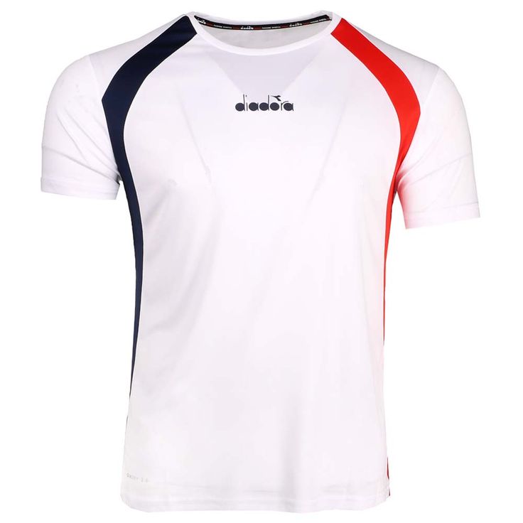 a white t - shirt with red, blue and black stripes on the chest is shown