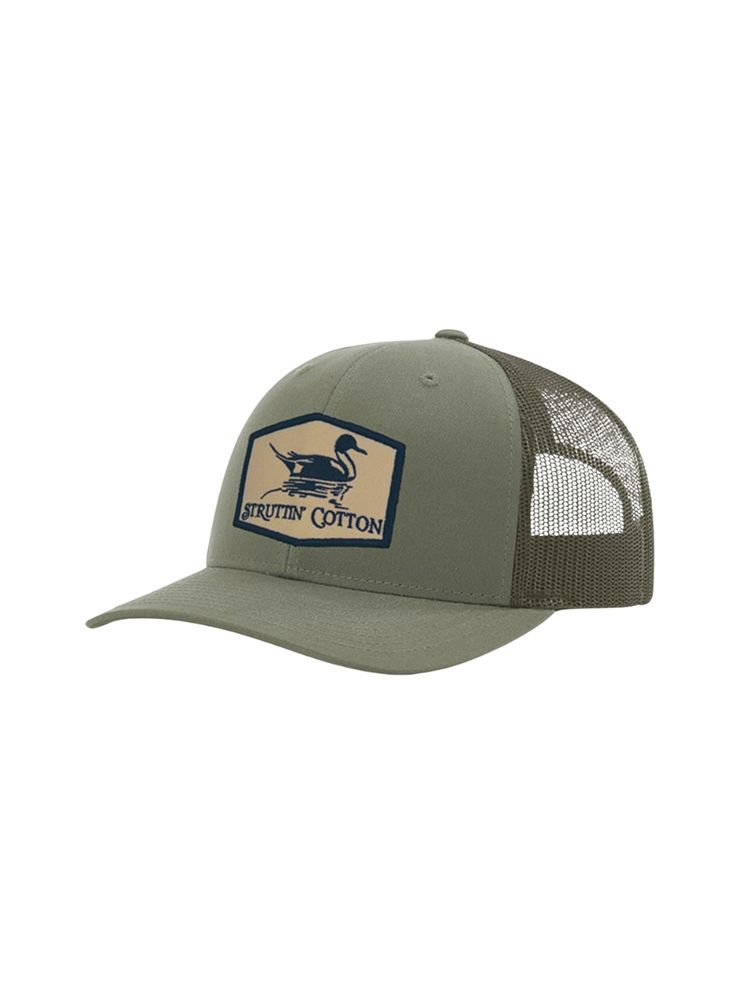 Our new Pintail Patch mid profile, structured snap back Trucker hat. Decorated right here in the USA. Embroidered patch and two color mid profile hat creates a sharp, confident look. Hat is adjustable. A True Struttin' Cotton original. We promise that you will love this cap. Cotton Trucker Baseball Cap With Flat Brim, Cotton Trucker Hat With Flat Bill, Fitted Trucker Snapback Hat With Flat Bill, Fitted Trucker Snapback Baseball Cap, Fitted Cotton Snapback Baseball Cap, Cotton Trucker Hat With Logo Patch And Curved Brim, Trucker Style Cotton Baseball Cap With Logo Patch, Fitted Trucker Baseball Cap With Curved Bill, Cotton Snapback Hat With Embroidered Patch And Flat Brim