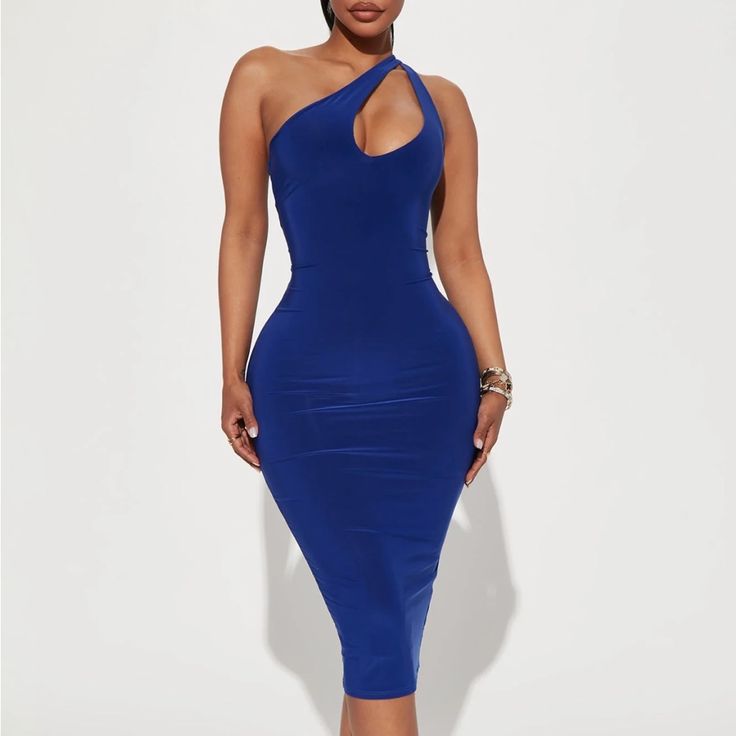 Super Cute Royal Blue Midi Dress From Fashion Nova With Cutout Detail. One Shoulder Dress With A Double Line. This Dress Is True To Size And Has Little Stretch. 92% Polyester And 8% Spandex. Blue Stretch Midi Dress For Date Night, Stretch Blue Midi Dress For Date Night, Blue One-shoulder Bodycon Dress For Summer, Blue One-shoulder Bodycon Dress For Date Night, Blue One Shoulder Bodycon Dress For Date Night, Summer Blue One-shoulder Bodycon Dress, Blue Stretch Midi Dress Knee-length, Blue Stretch Knee-length Midi Dress, Blue Stretch Midi Bodycon Dress