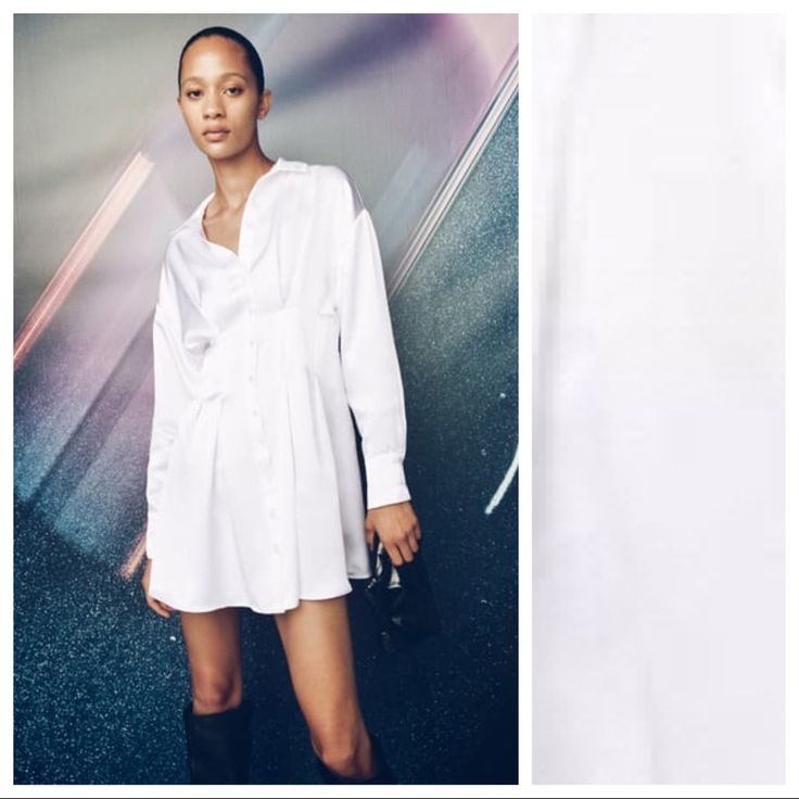 Nwt. Zara White Satin Effect Shirt Mini Dress With V-Neck Lapel Collar, Long Sleeves, Darts At Waist, Front Button Closure. Size M. Ref. 1165/234. Pit To Pit 17" Flat, Shoulders 21", Sleeves 20,5", Waist 14,5", Length 34". 1066 White V-neck Shirt Dress For Work, Zara V-neck Shirt Dress For Work, Zara V-neck Shirt Dress For Daywear, Chic V-neck Shirt Dress For Daytime, White Shirt Dress For Daywear In Fall, White Shirt Dress For Fall Daywear, Casual White Shirt Dress For Date Night, White Fall Shirt Dress For Daywear, Chic Daytime Mini Length Shirt Dress