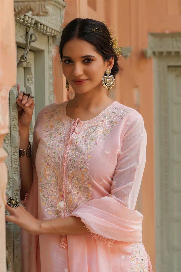 This beautiful Pink Chanderi Silk Kurti Sharara Garara Dupatta set is a stunning addition to your wardrobe. Chanderi silk suit features a beautiful embroidered yoke design with ruffles border and cotton lining, complemented by a tiered Sharara with intricate floral embroidery and lace border, along with an embroidered dupatta with tassels. Perfect for special occasions! Chanderi silk Embroidered Top length: 35" Bottom length: 40" Sleeves length: 18" Side slit With lining Occasion: Festive Dry cl Pink Chanderi Suit, Lily Singh, Lucknowi Kurta, Chanderi Silk Suits, Patiala Salwar Suits, Yoke Design, Bridal Dupatta, Phulkari Dupatta, Embroidered Kurti