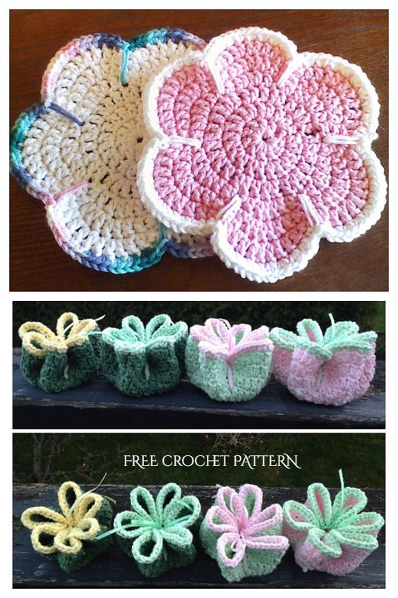 three crocheted baskets with bows on them, one is pink and the other is green