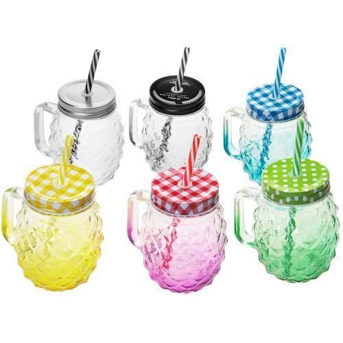 Colorful Pineapple-Shaped Mason Jar Mug Glasses with Straws & Lids, Set of 6 - MyGift Mason Jar With Straw, Mason Jar Mugs, Reusable Straws, Mason Jar Lids, Serving Drinks, Take Apart, Garden Parties, Cup With Straw, Outdoor Party