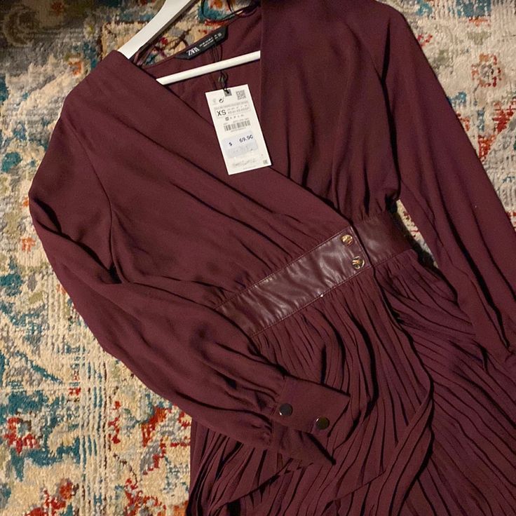 New Zara Maxi Dress Red Wine Color Brown Pleated Dress For Date Night, Pleated Brown Dress For Date Night, Chic Burgundy Maxi Dress For Fall, Chic Burgundy Long Sleeve Maxi Dress, Red Pleated Midi Dress For Date Night, Casual Burgundy Midi Dress For Party, Chic Burgundy Midi Dress For Fall, Chic Burgundy Long Sleeve Dress, Chic Burgundy Maxi Dress