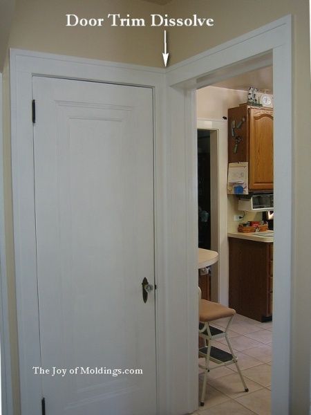 an open door leading to a kitchen and dining room with the words door trim dissove on it