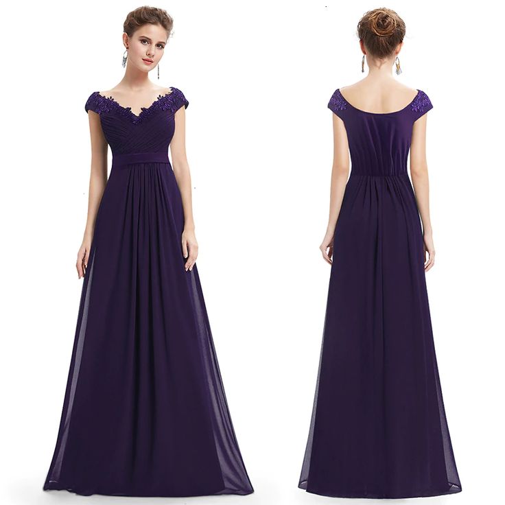 a woman in a long purple dress with an open back and lace detailing on the shoulders